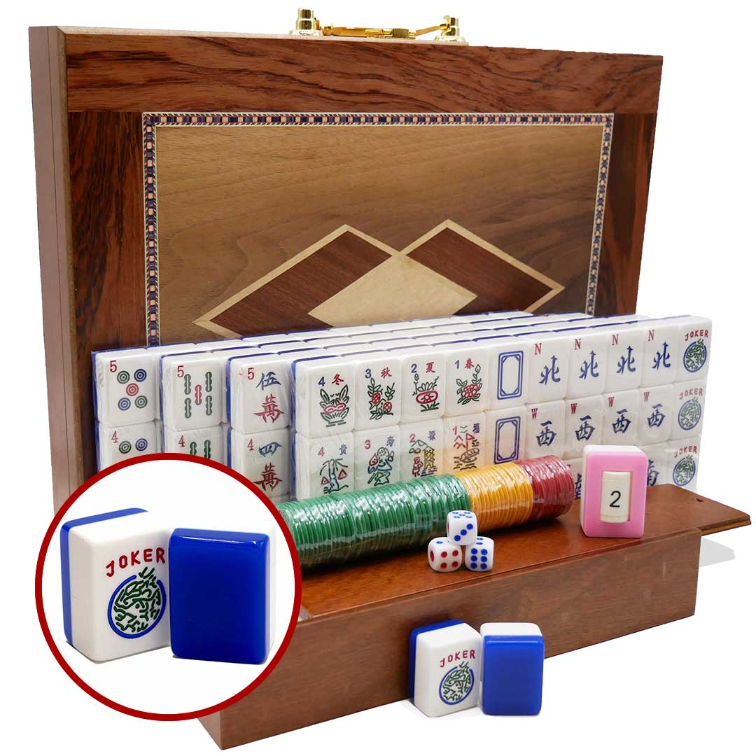 Jumbo American Blue and White Mah Jongg Tiles in a Wooden Box